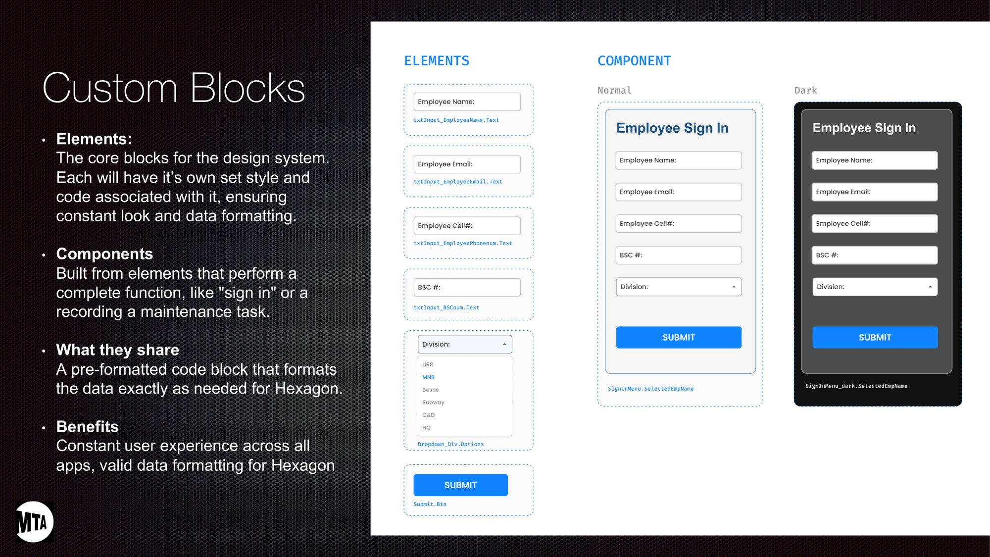 Custom blocks: elements and components in light and dark modes, each with its own data formatting code
