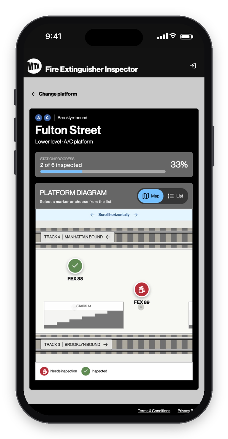 AI-generated platform map with inspected and due extinguishers